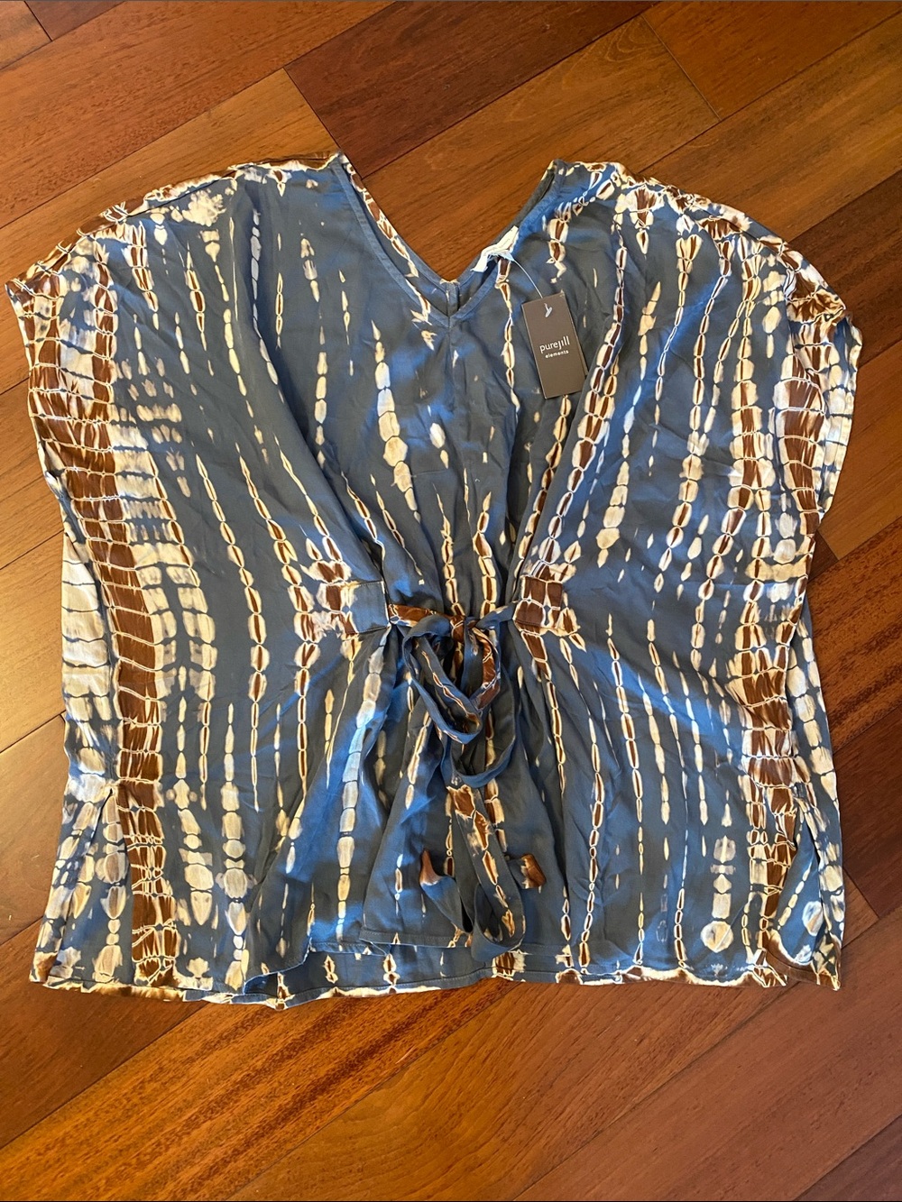 New Perry Ellis Blue and Brown Tie-Front V-Neck Blouse Top Size M